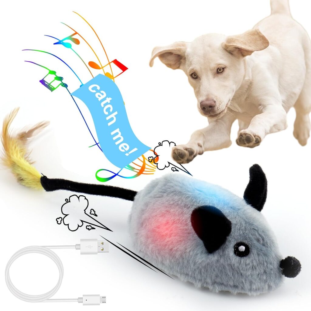 BABORUI Interactive Dog Toys Mouse, Escaping Mice Squeaky Dog Toys with Lights  Auto-Turn, Rechargeable Moving Dog Toys for Small/Medium/Large Dogs  Cats