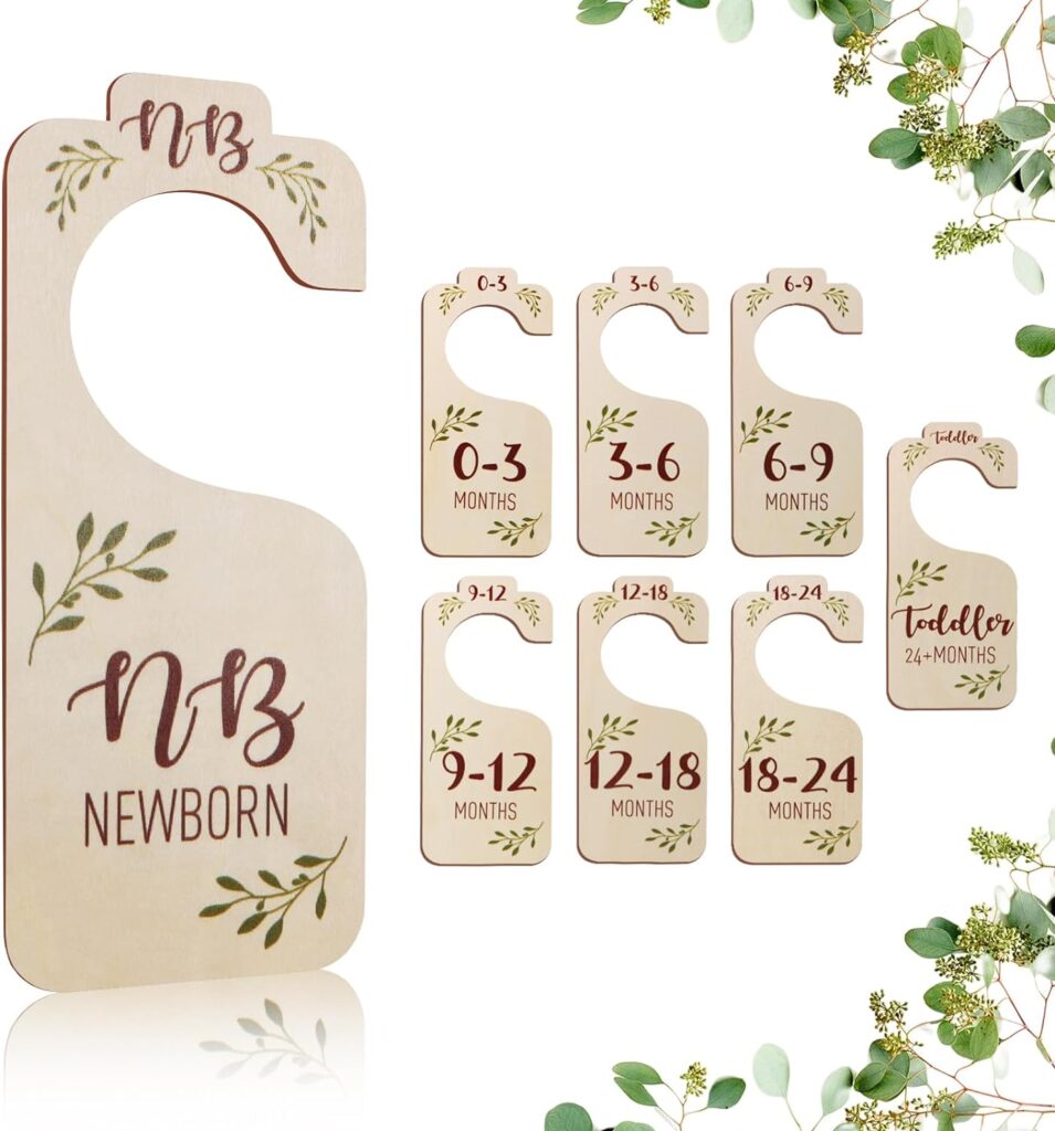 Baby Closet Dividers for Clothes Organizer - 8 PCS Adorable Wooden Double-Sided Baby Clothes Size Hanger Organizer from Newborn to Toddler for Nursery Decor