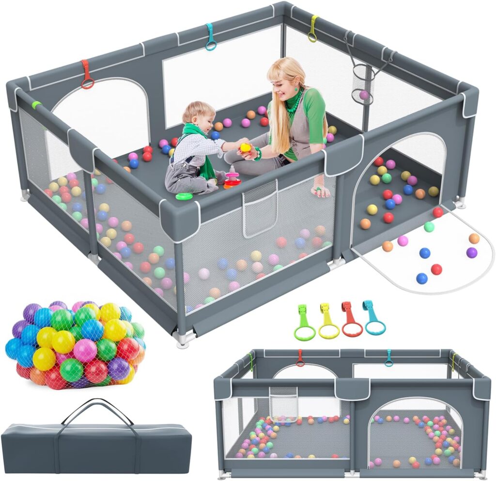 Baby Playpen, 79 x 63 Extra Large Play Yard Playpen for Babies and Toddlers with 50 Ocean Balls, Indoor  Outdoor Safety Baby Activity Center with Breathable Mesh, Anti-Slip Suckers and Zipper Gate