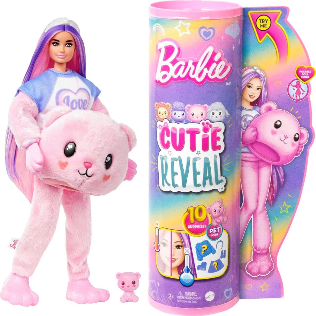 Barbie Cutie Reveal Doll with Pink Hair  Teddy Bear Costume, 10 Suprises Include Accessories  Pet (Styles May Vary)