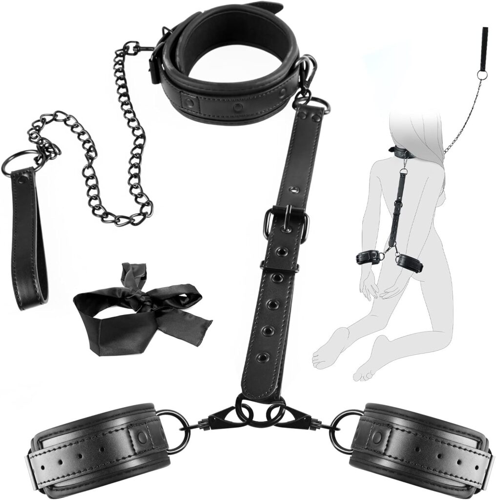 BDSM Bondage Restraints Set, 5 Pcs Bed SM Kit with Adjustable Handcuffs Collar, Rope, Blindfold, Detachable Adult Sex Toys, Bondage Gear  Accessories for Women Couples Beginners and Experienced Games