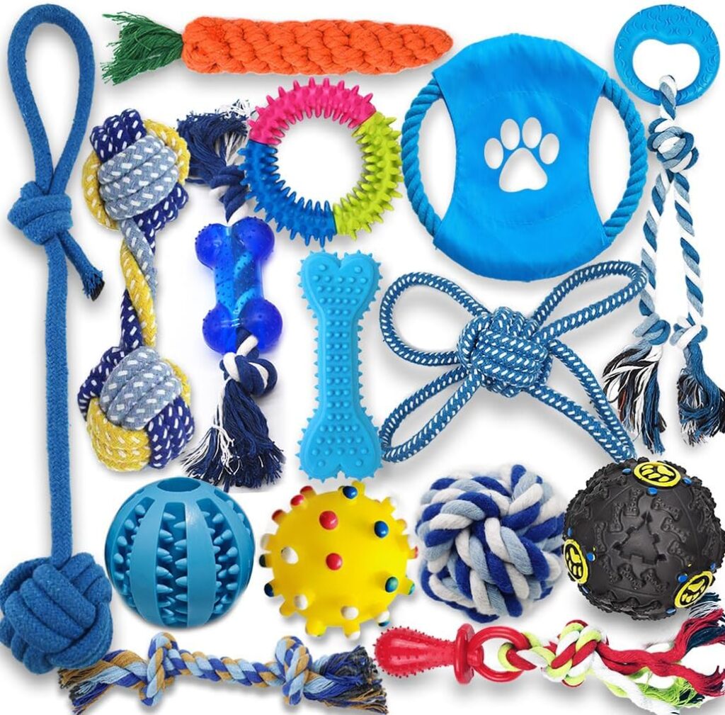 Beiker Puppy Teething Chew Toys - 15 Pack Durable Small Dog Toys for Puppies, Dog Rope Chew Toys Bundle for Boredom, Interactive Squeaky Treat Dispensing Ball, Funny Flyer, Non-Toxic  Safe