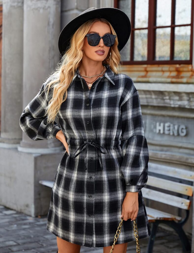 Blooming Jelly Womens Plaid Dress Flannel Puff Sleeve Dress Button Down Casual Dresses for Women 2023 with Pockets