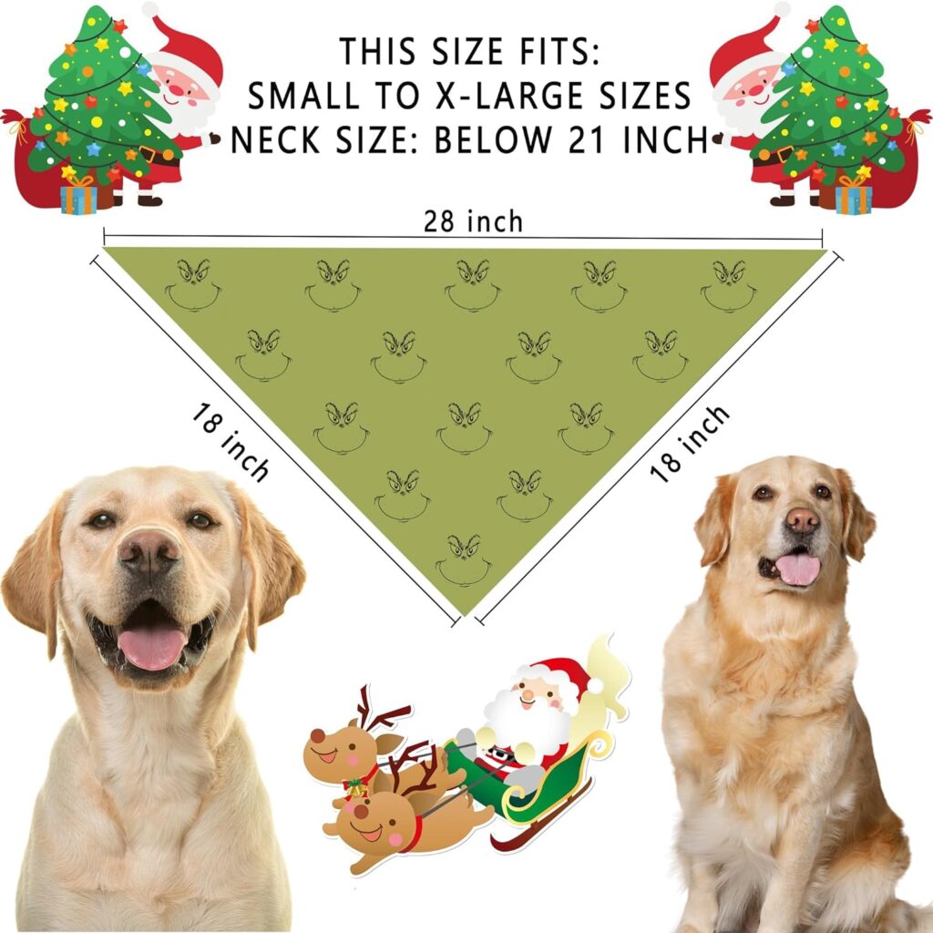 Christmas Dog Bandanas, Double Sided 2 Pack Holiday New Year Puppy Bandanas, Girnch Smile Nice Square Dog Kerchief Merry Christmas Dogs Gifts (01)