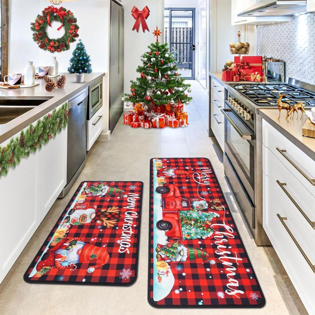 Christmas Kitchen Mats, Merry Christmas Kitchen Rugs Set of 2 - Red Black Buffalo Plaid Christmas Kitchen Decor - Gnome Truck Xmas Decorations for Floor,Bathroom,Living Room,Doorway 17x30+17x47