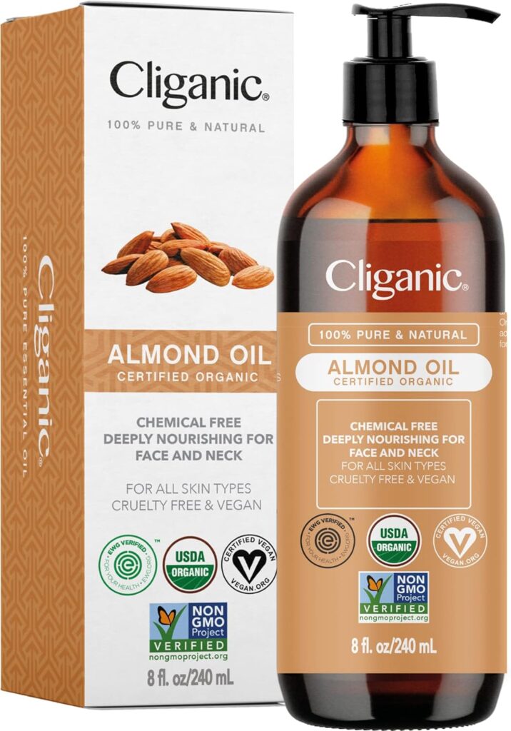 Cliganic Organic Sweet Almond Oil, 100% Pure (8oz) - for Skin  Hair, Nourishing Carrier Oil for Face  Body