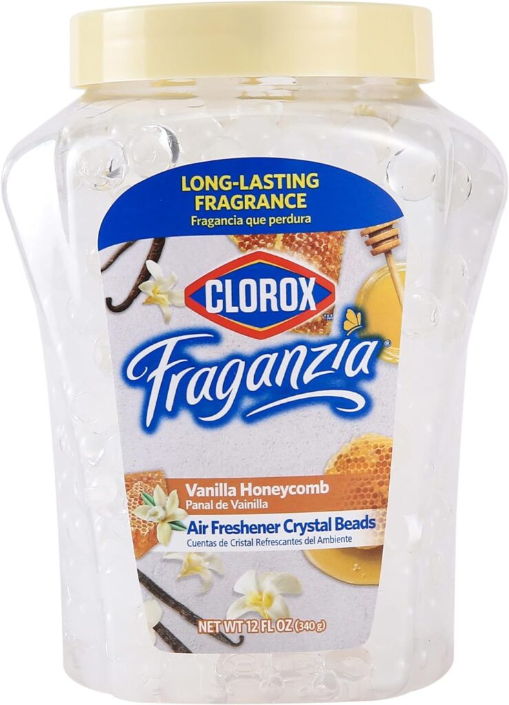 Clorox Fraganzia Air Freshener Crystal Beads Vanilla Honeycomb 12oz Jar | Long-Lasting Air Freshener Beads | Easy to Use Vented Jar Air Scent Beads for Homes, Bathrooms, Closets, Car or Office