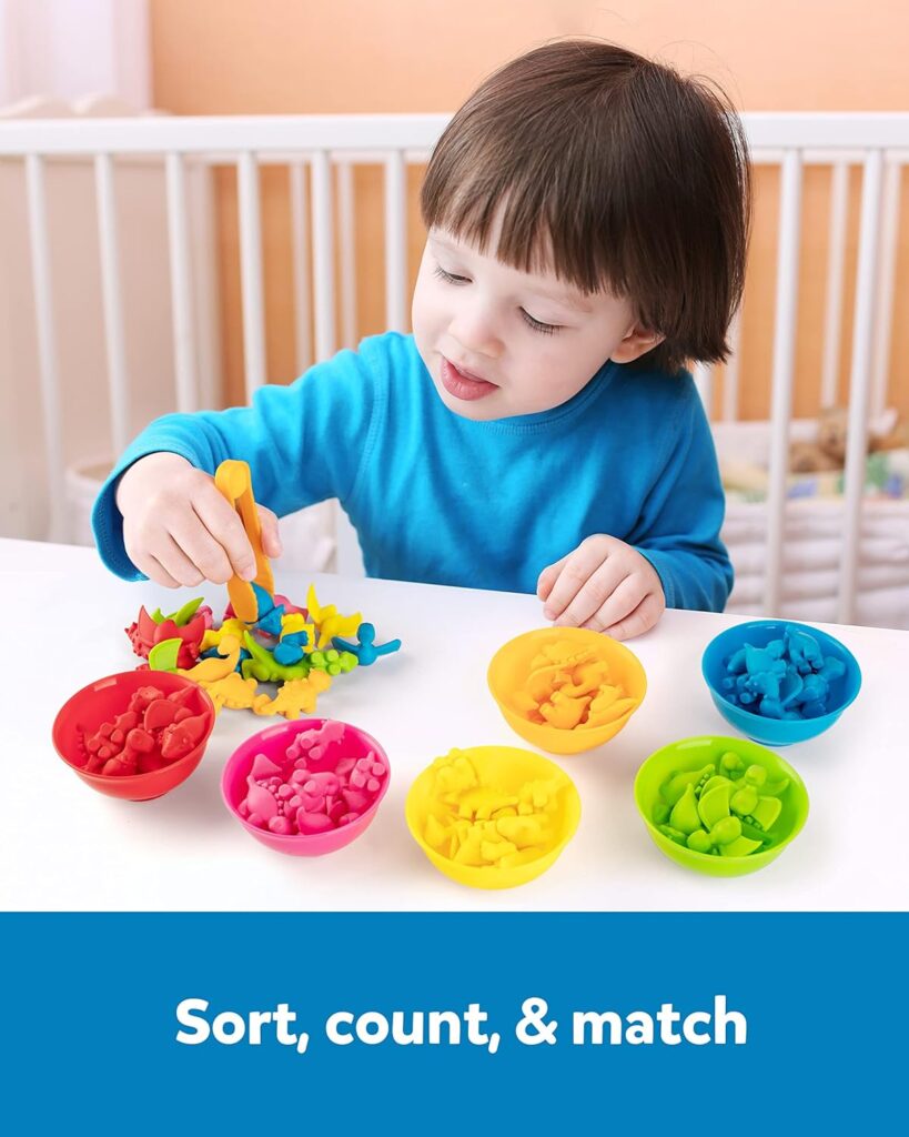 Coogam Counting Dinosaur Sorting Toy Set, Color Matching Classification Game, Montessori Fine Motor Skill Preschool Educational Montessori Learning Toys for 3 4 5 Years Old