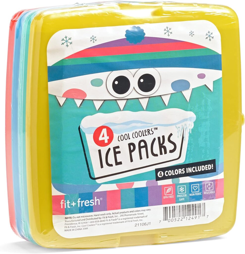 Cool Coolers By Fit  Fresh 4 Pack Slim Ice Packs, Quick Freeze Space Saving Reusable Ice Packs for Lunch Boxes or Coolers, Multi Colored
