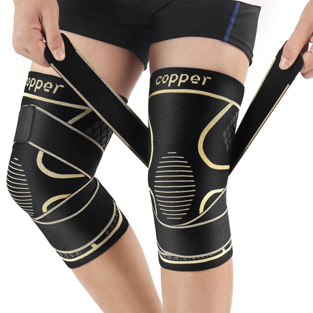 Copper Knee Braces with Strap for Knee Pain Women and Men(2 Pack), Knee Compression Sleeve for Arthritis, ACL, Meniscus Tear, Joint Pain Relief, Knee Support for Working, Running, Weightlifting(M)