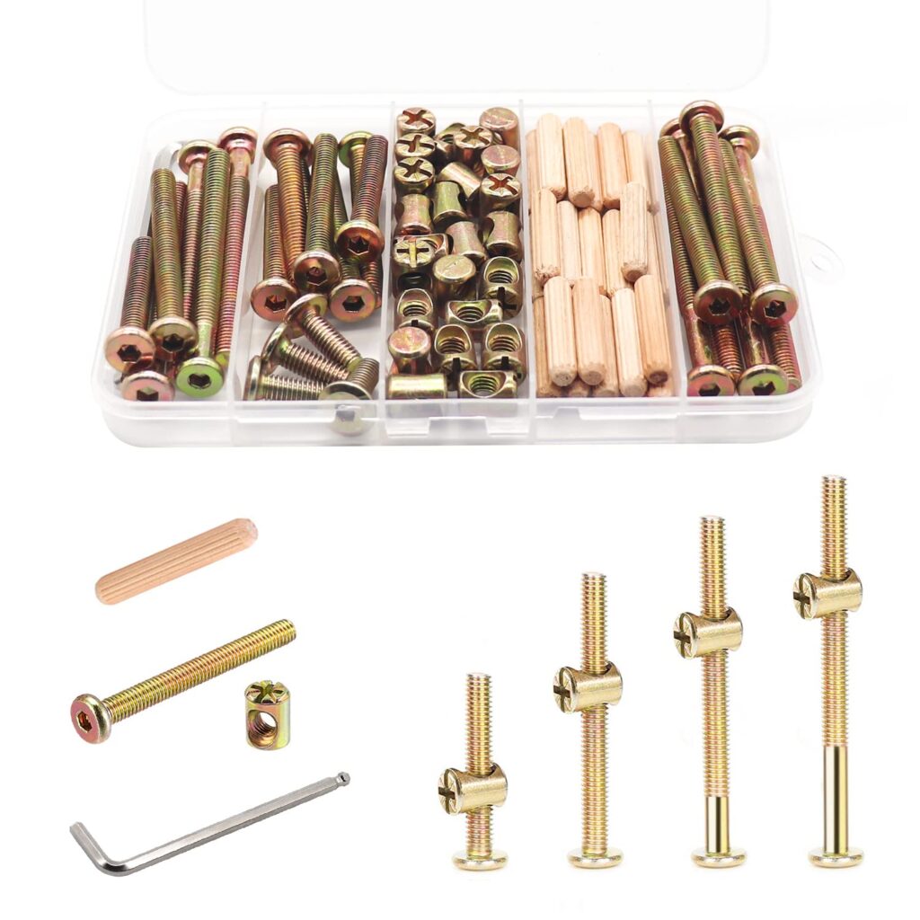 Crib Screws Hardware Replacement Kit - 16 Set Baby Bed Frame Bolts,Barrel NutsWooden Dowel Pins Set - M6x16/40/60/80 mm Hex Drive Socket Cap Screws Nuts for Beds Headboards Chairs Furniture