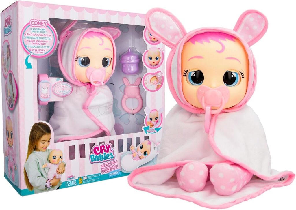 Cry Babies Newborn Coney - Interactive Baby Doll with 20+ Baby Sounds, Girls  Kids Age 18M and Up