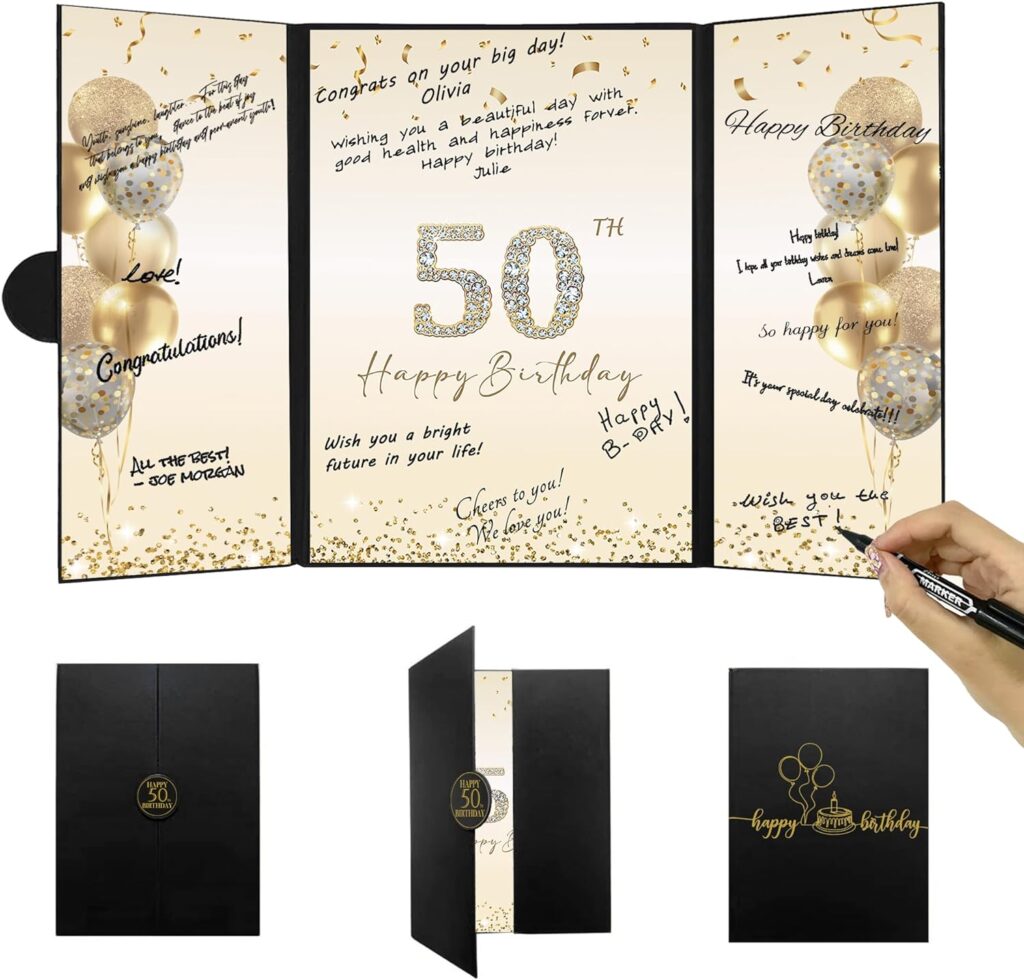 DARUNAXY Black Gold 50th Birthday Party Decorations, Happy 50th Birthday Alternative Signature Guest Book for Men Women Cheers to 50 Years Old Gifts 50 Birthday Signing Card Board Party Supplies