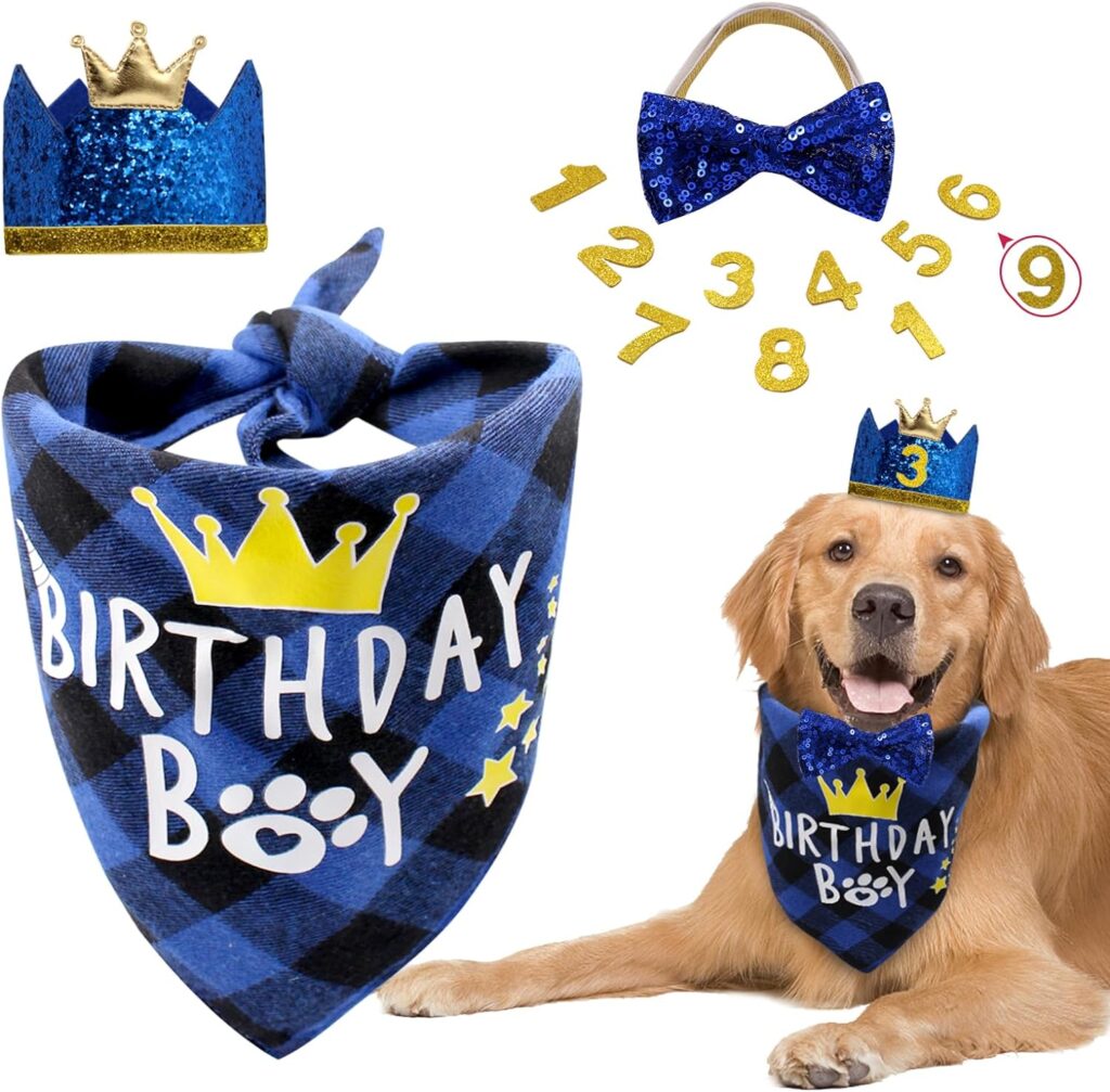 Dog Birthday Party Supplies, Boy Dog Birthday Bandana Set with Cute Dog Bow Tie, Crown Hat with Numbers for Small Medium Large Dogs, Blue Dog Birthday Outfit (Blue)