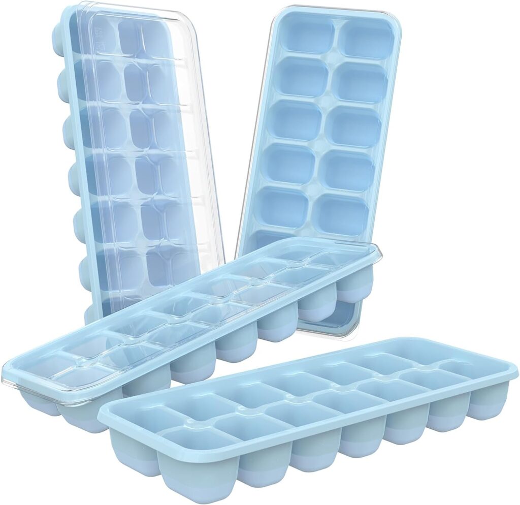 DOQAUS Ice Cube Trays 4 Pack, Easy-Release Silicone and Flexible 14-Ice Cube Trays with Spill-Resistant Removable Lid, LFGB Certified and BPA Free, for Cocktail, Beer, Stackable Flexible Ice Trays