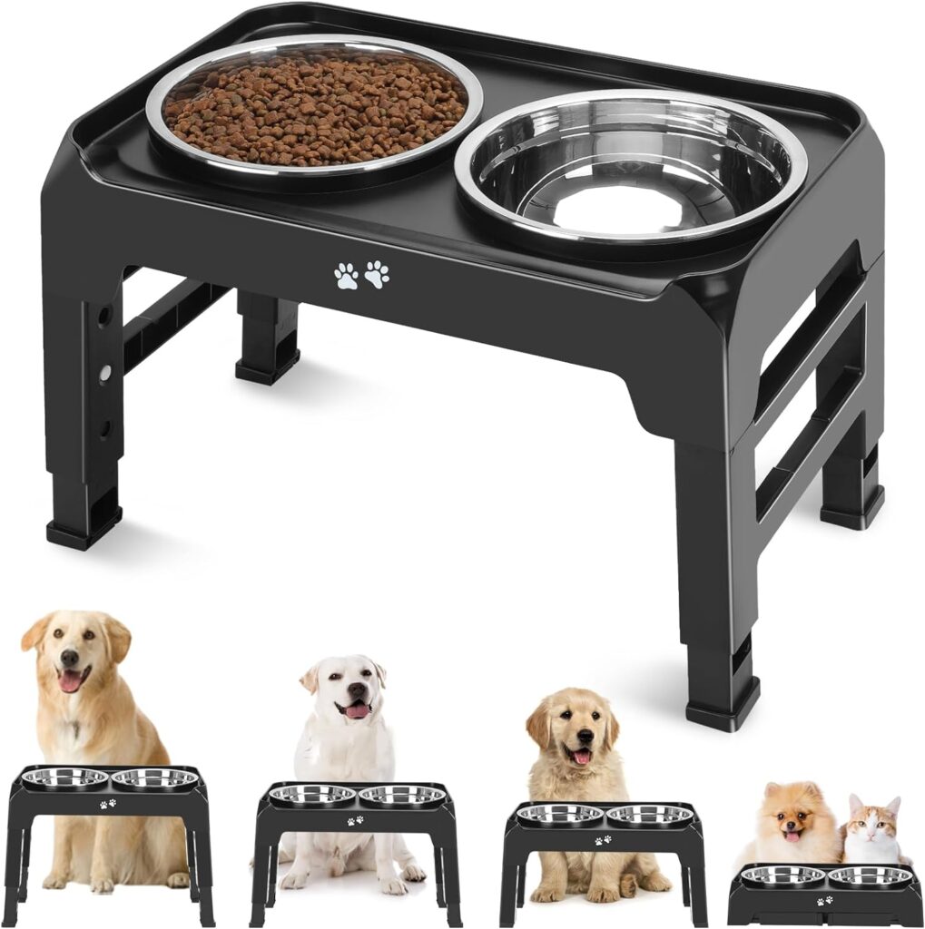 Elevated Dog Bowls, 4 Height Adjustable Raised Bowl Stand with 2 Thick 50oz Stainless Steel Food Feeder Bowls Non-Slip for Medium Large Dogs Adjusts to 3.7, 9.2, 10.75, 12.36 Black