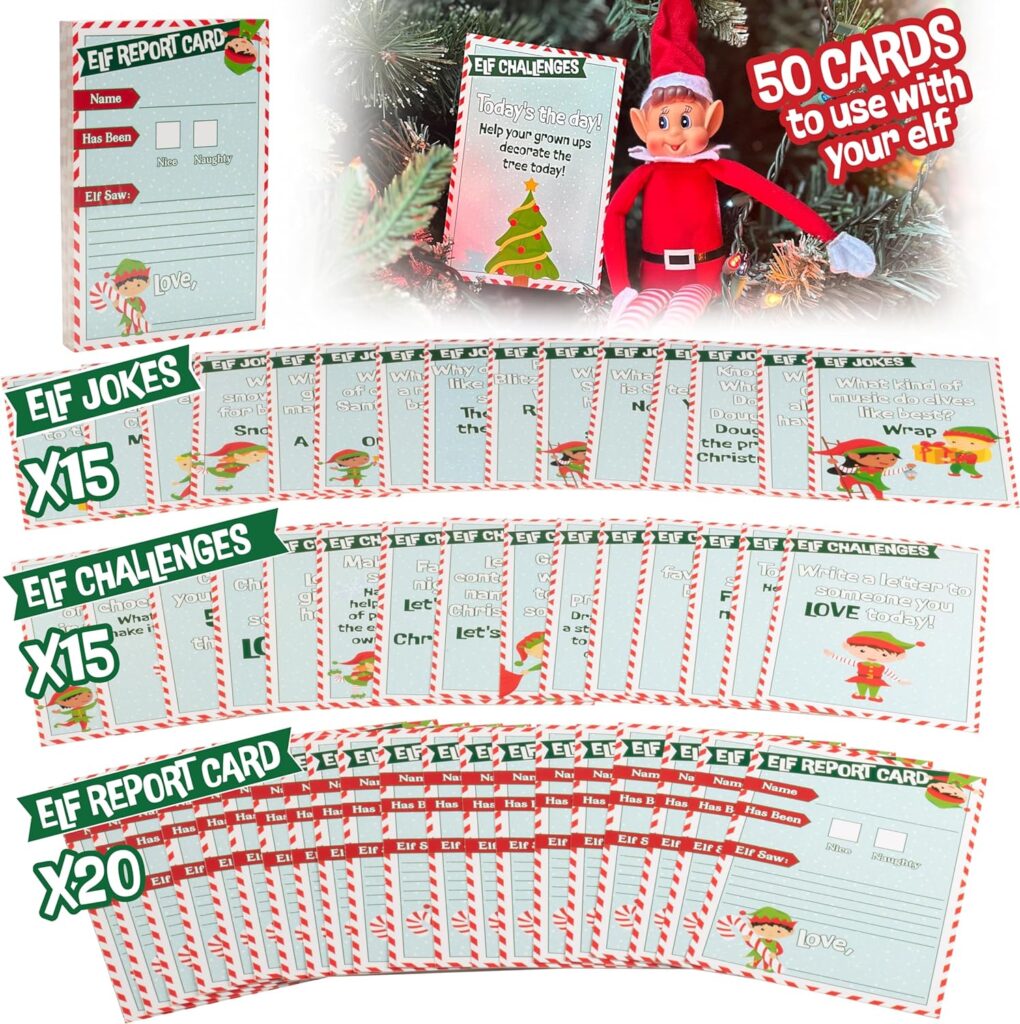 Elf Accessory Naughty or Nice Report Cards, Jokes, X-Mas Activity Challenges for Your Shelf Elf - 50 Unique Cards - Make Christmas Fun for Kids  Family w Unique Holiday Treats from Santa  North Pole