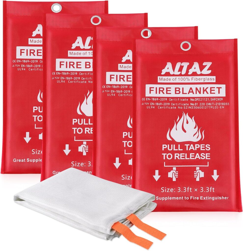 Emergency Fire Blanket for Home Kitchen - 39.4x39.4 Flame Suppression Fiberglass Fire Blankets for Camping, Grill, Car, Office, Warehouse, Fireplace, Survival, Safety Altaz (4 Pack)