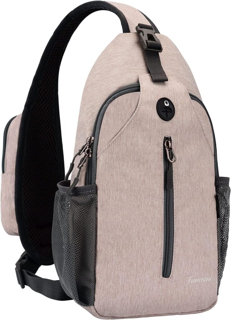 Fancosni Crossbody Sling Bags for Women Men, Sling Backpack, Lightweight Shoulder Bag, Multipurpose Sling Bag for Travel, Hiking, Shopping, Walking, Biking, Cycling, Earphone Hole, Flaxen