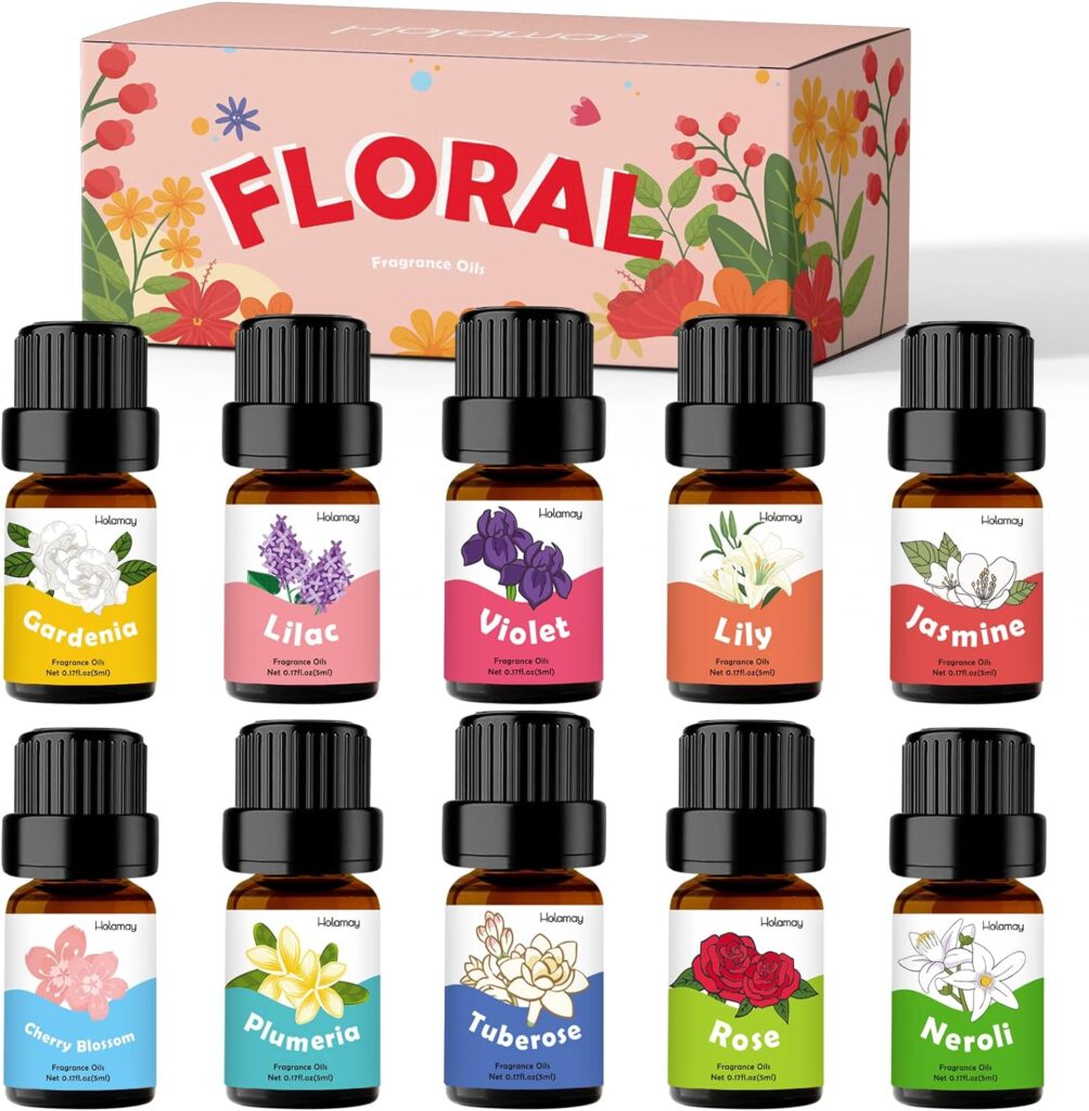Floral Essential Oils, Holamay Premium Fragrance Oil for Candle Making, 5mlx10, Soap Making Scents - Rose, Jasmine, Neroli, Gardenia, Lilac and More, Aromatherapy Oils for Diffusers for Home