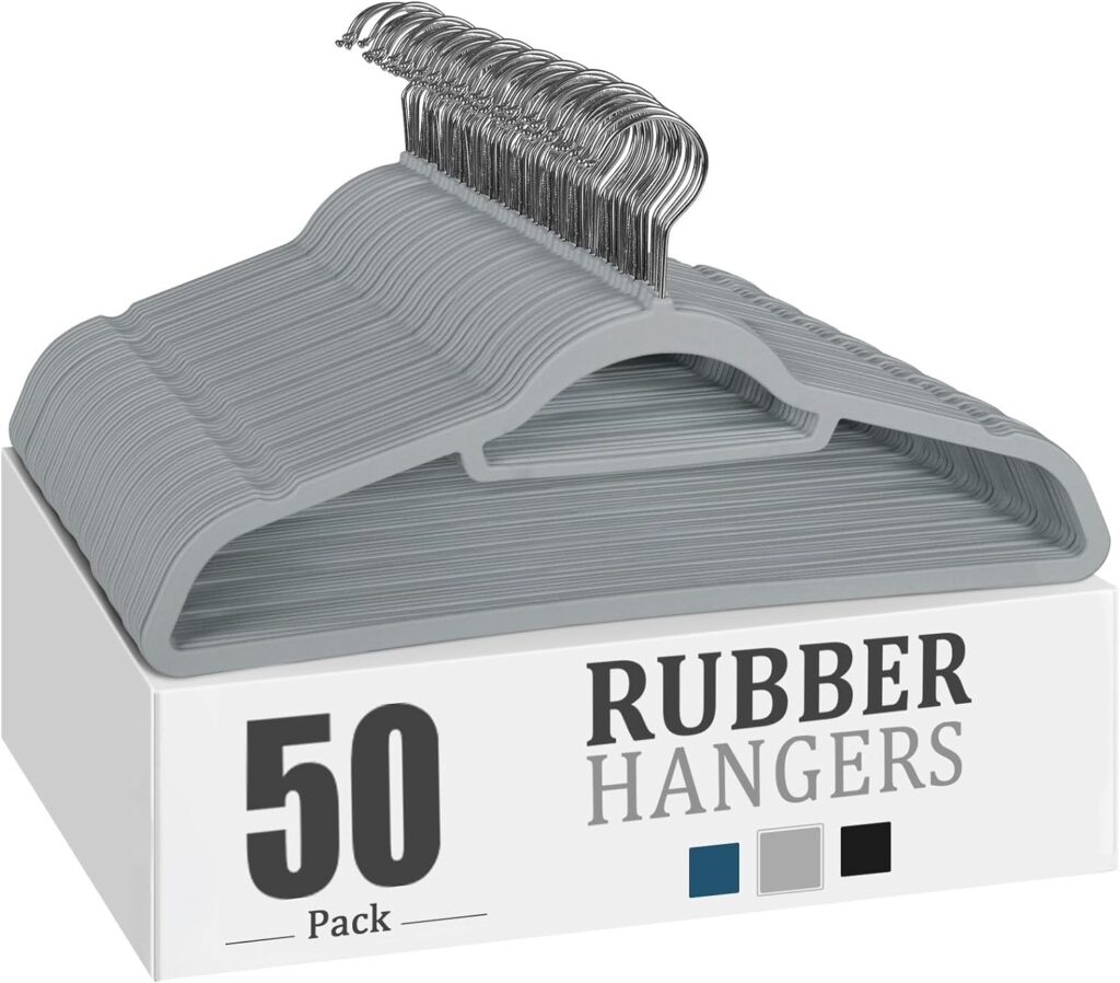 Flysums Rubber Plastic Hangers 50 Pack, Heavy Duty Gray Plastic Hangers for Coats, Pants  Dress Clothes - Non Slip Clothes Hanger Set - Space Saving Felt Hangers for Clothing