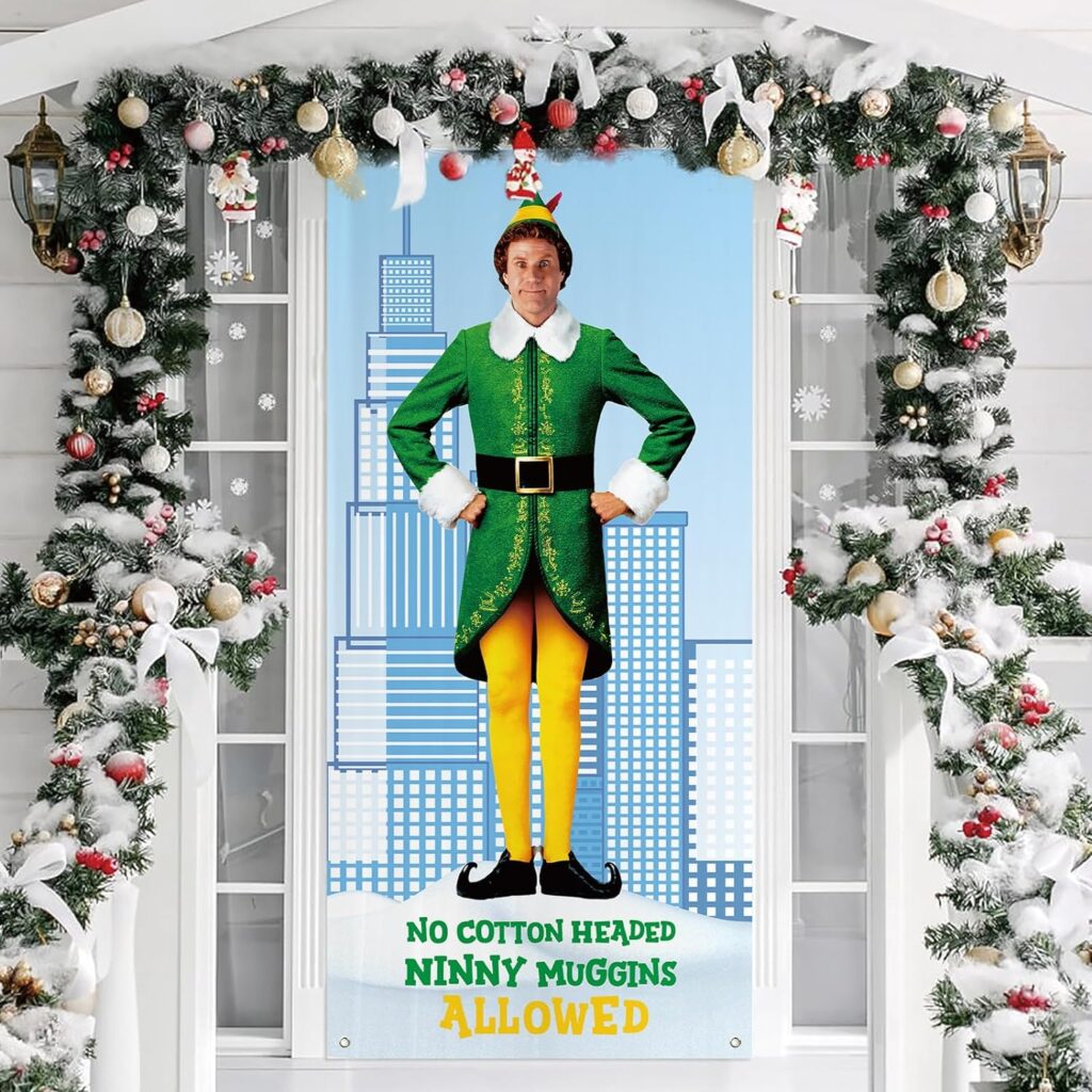 Funny Christmas Door Cover, No Cotton Headed Ninny Muggins Allowed Porch Sign for Outdoor Decorations, Buddy The Elf Photo Booth Background Banner, Elf Xmas Party Decor Supplies, 70.8x35 Inch