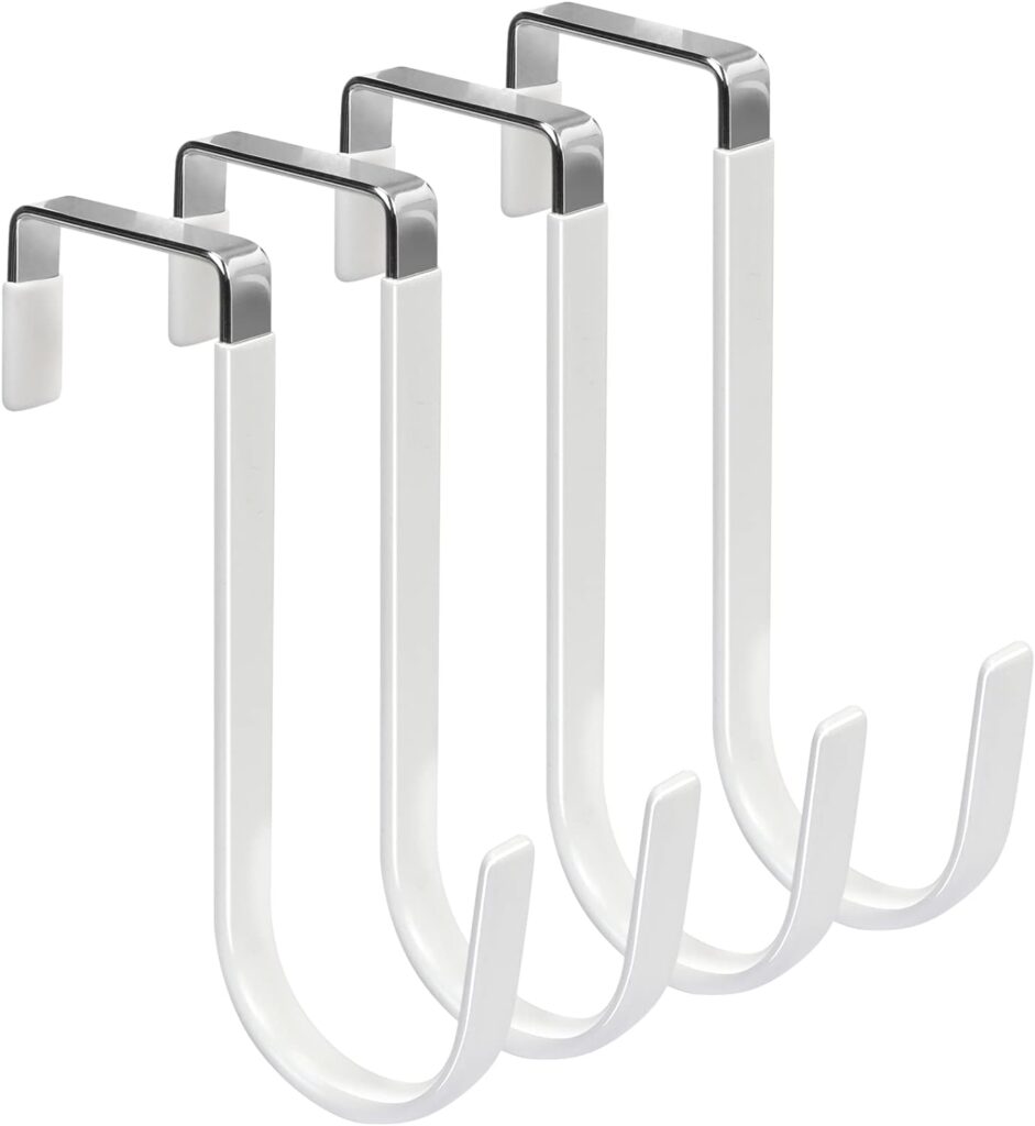 FYY Over the Door Hooks, 4 Pack Hangers Hooks with Rubber Prevent Scratches Heavy Duty Organizer for Living Room, Bathroom, Bedroom, Kitchen Hanging Clothes, Towels, Hats, Coats, Bags White