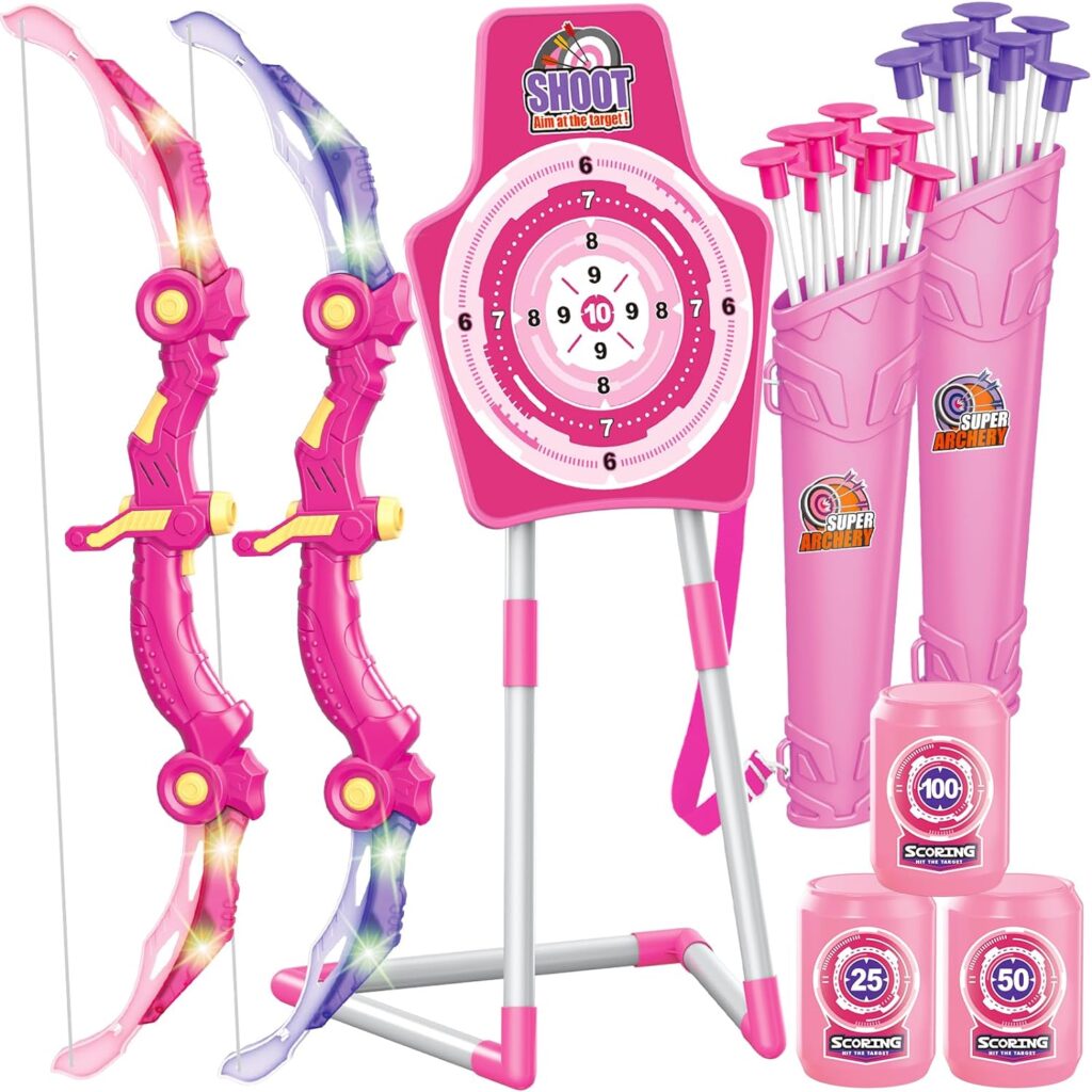 GMAOPHY Bow and Arrow Toys for 5 6 7 8 9 10 Years Olds Girls, Indoor Outdoor Activity LED Light Up Archery Set for Girls Birthday Gift, for Kids Ages 6-8, 2 Bow, 20 Arrows, Archery Target