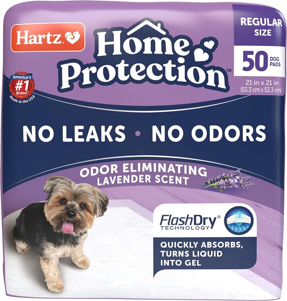 Hartz Home Protection Odor Eliminating Scented Dog Pads, Super Absorbent  Won’t Leak, Lavender Scent, Regular Size, 50 Count