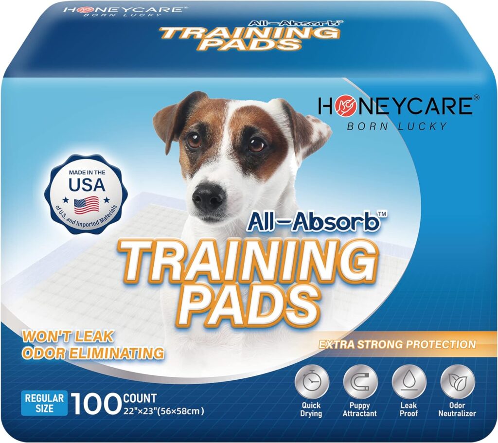 HONEY CARE All-Absorb, Large 22 x 23, 100 Count, Dog and Puppy Training Pads, Ultra Absorbent and Odor Eliminating, Leak-Proof 5-Layer Potty Training Pads with Quick-Dry Surface, Blue, A01