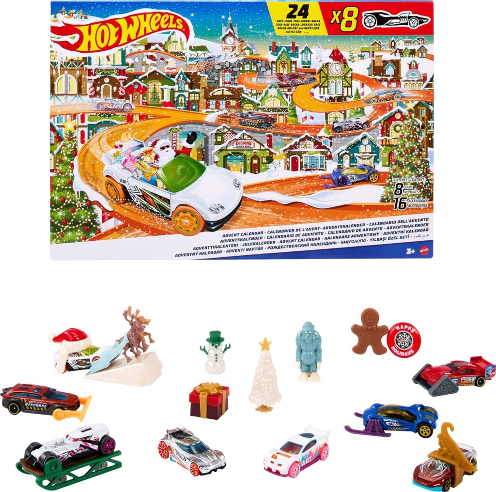 Hot Wheels Toy Car Set, 2023 Advent Calendar with 8 Cars in 1:64 Scale, 16 Accessories  Playmat, Gift for Kids