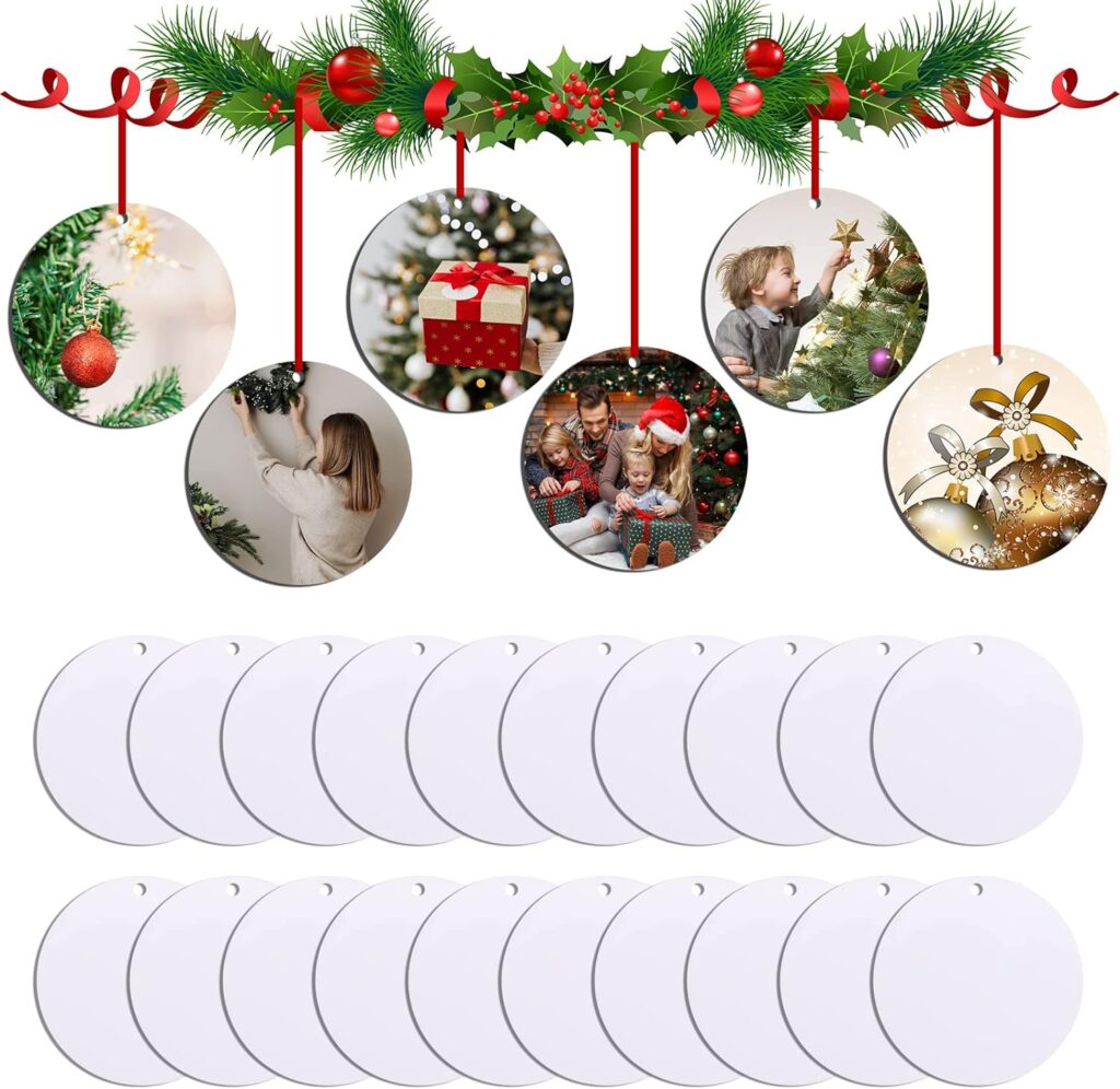 HTVRONT 26 Christmas Pieces Sublimation Ornament Blanks - 3 Inch Sublimation Blank Pendants Ornaments Double Side with Red String - Personalized MDF Decoration Supplies for Halloween Christmas