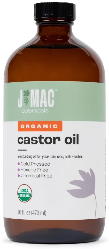 J MAC BOTANICALS Organic pure Castor Oil Cold Pressed (Glass Bottle, 16 oz), hexane free, castor oil for face, skin, eyelashes