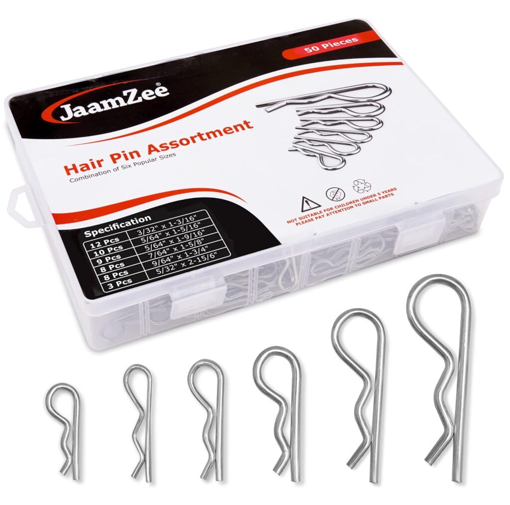 JaamZee Cotter Pins 50 Pcs r pins - Sturdy  Durable Alloy Steel - R- Shaped Heavy Duty Cotter Pin Assortment Kit in 6 Different Sizes - Perfect for Mechanics, Lawn Mowers,  RV Owners