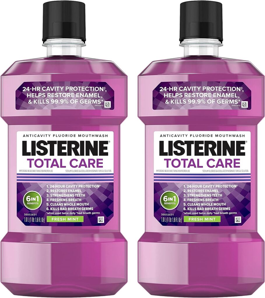 Listerine Total Care Anticavity Fluoride Mouthwash, 6 Benefits in 1 Oral Rinse Helps Kill 99% of Bad Breath Germs, Prevents Cavities,  Strengthens Teeth, Fresh Mint, 1 L, Pack of 2