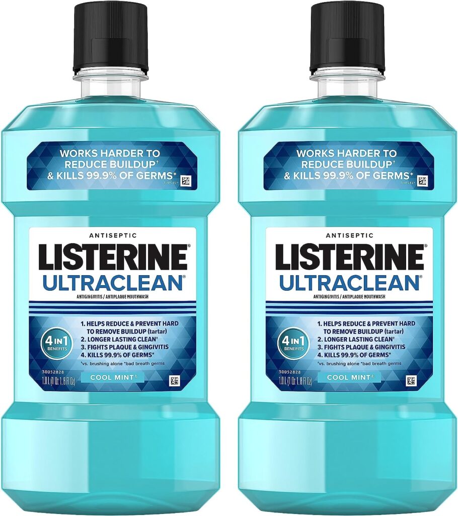 Listerine Ultraclean Oral Care Antiseptic Mouthwash, Everfresh Technology to Help Fight Bad Breath, Gingivitis, Plaque  Tartar, ADA-Accepted Oral Rinse, Cool Mint, 1 L, Pack of 2