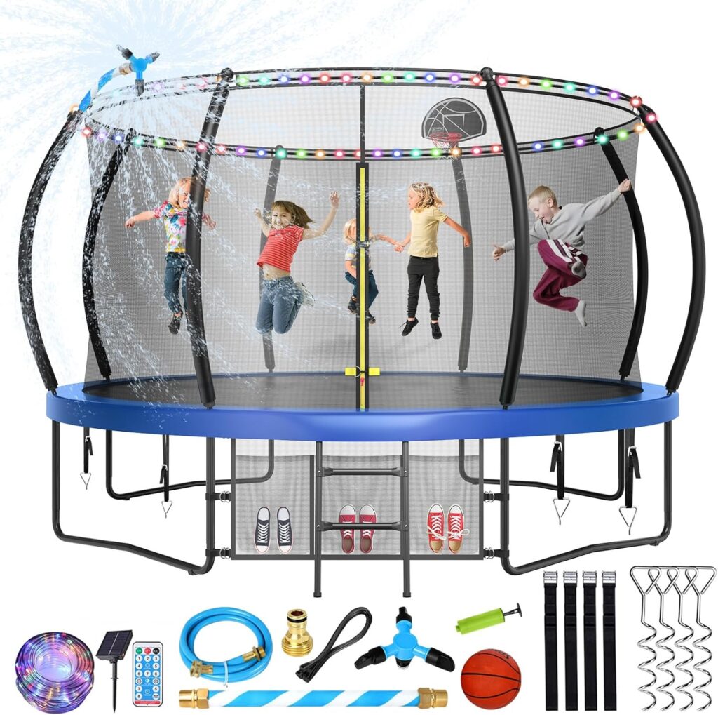 Lyromix Upgrade 12 14 15 16FT Trampoline for Kids and Adults, Outdoor Trampoline with Curved Poles, Pumpkin Shaped Trampoline with Sprinkler, Stakes, Light, Basketball, Basketball Hoop and Storage Bag