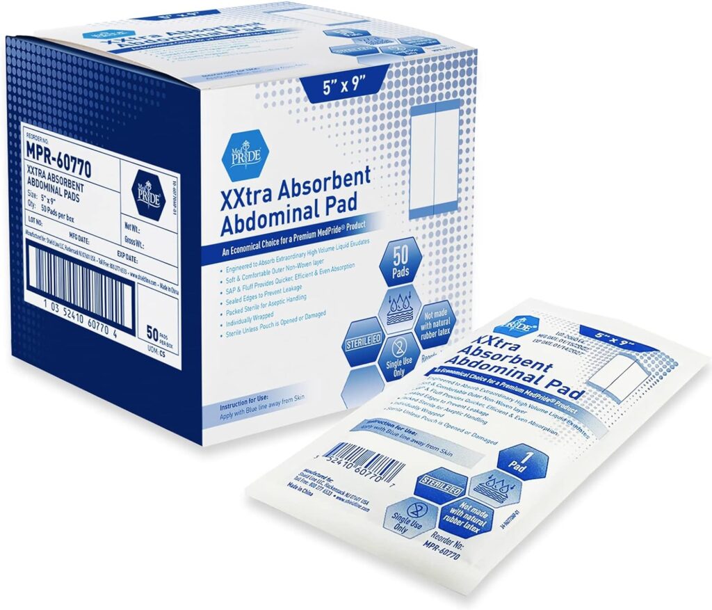 MED PRIDE Sterile XXtra Absorbent Abdominal Pads [50-Pack] - 5”x9” ABD Combine Pads Individually Wrapped- Ultra-Absorbent Latex-Free  Non-Adherent Surgical Pads for Drainage, Wound Dressing