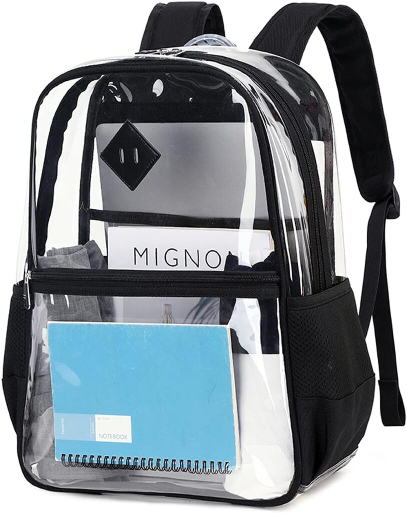 MUSEVOS Clear Backpack Stadium Approved, Heavy Duty See Through Book Bag, Black Transparent