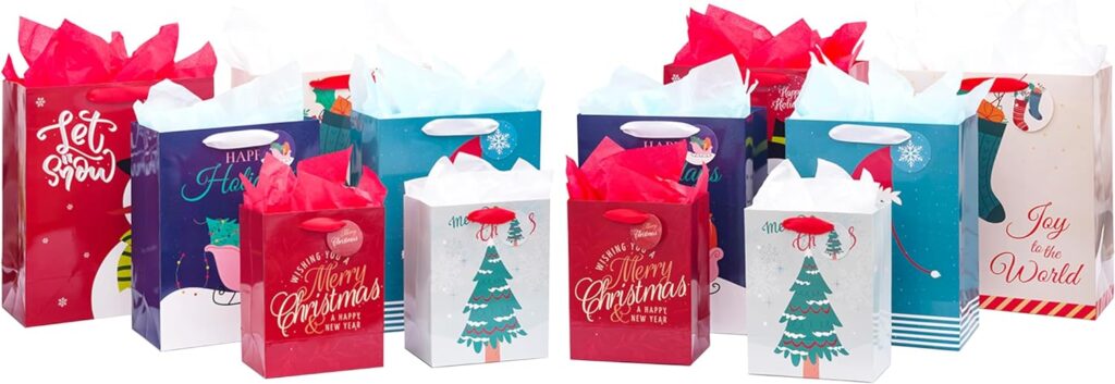 Nihuecne 12 Pack Christmas Gift Bags Assorted Sizes with Handles, Holiday Gift Bags Bulk with Tissue Paper and Tags for Christmas Gift Wrapping Xmas Present (4 Extra Large, 4 Large,4 Medium)