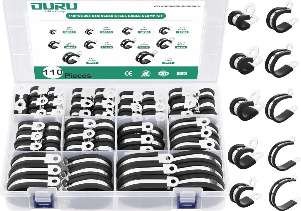 OURU 110PCS Cable Clamps Assortment Kit,10 Sizes—1/4 5/16 3/8 1/2 5/8 3/4 1 1-1/4 1-1/2 1-3/4 Stainless Steel Rubber Coated Cushioned Insulated Cable Clamp,Automotive Wire Pipe Clamps
