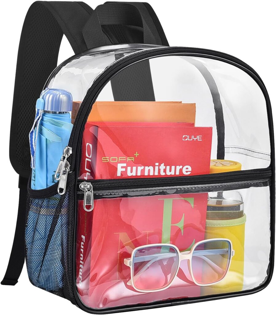 Paxiland Clear Backpack Stadium Approved, Clear Bag for Concert Sport Event Work School Festival, Small Clear Bag 12×6×12 with Reinforced and Wider Shoulder Straps - Black