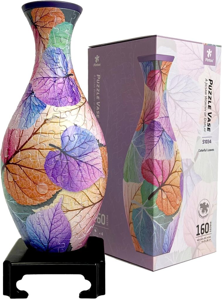 Pintoo 3D Puzzle Vase Unique Flower Vase Made by 160 Curved Plastic Puzzle Pieces House Warming Gift for Flower Arrangements and Home Decoration - [S1034] (Classic, Colorful Leaves)