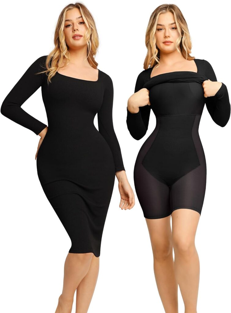 Popilush Bodycon Shapewear Dress 8 in 1 Midi Dress with Build in Shapewear Long Sleeve Dress for Women Tummy Control