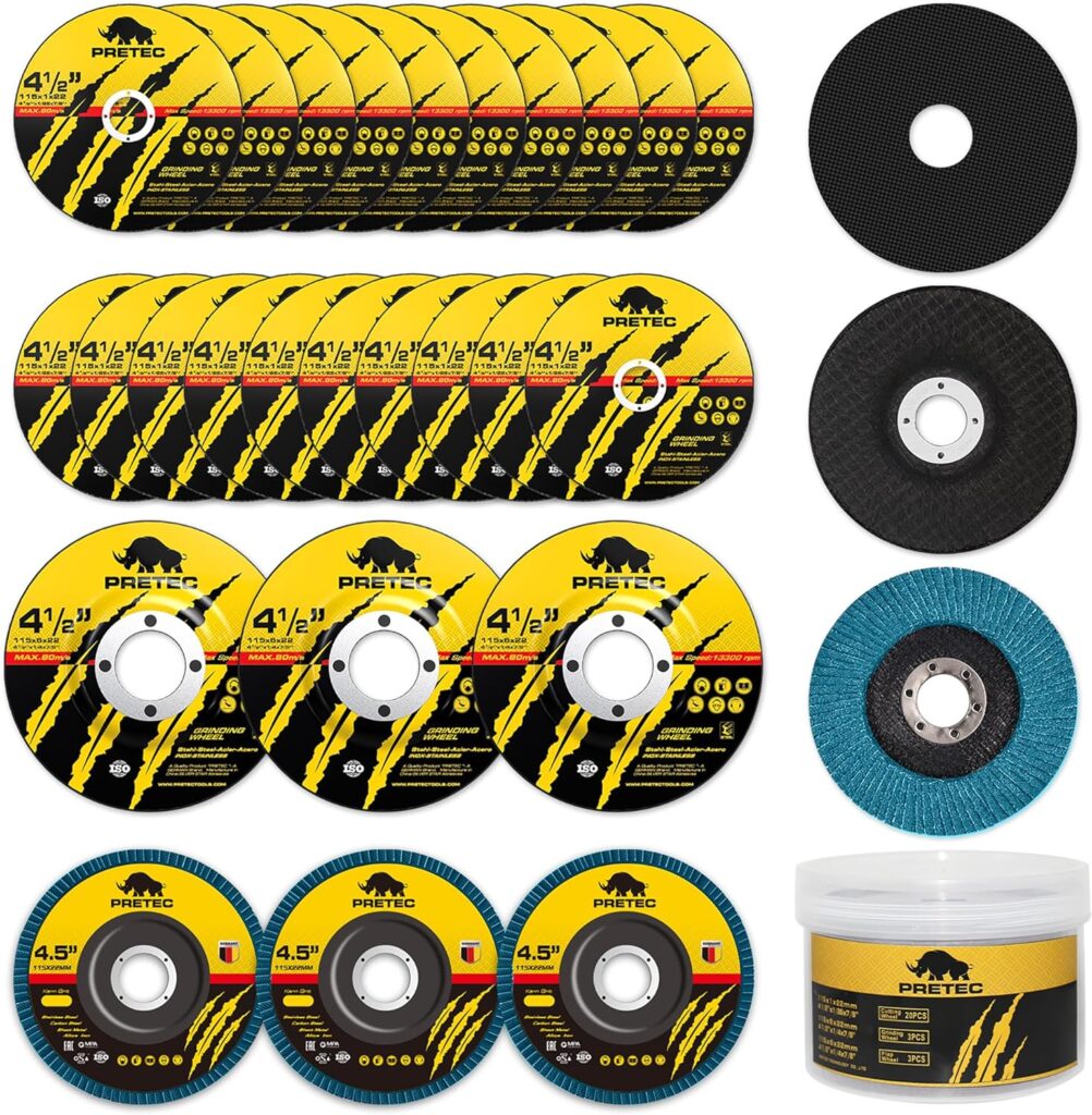 PRETEC 26 Packs Angle Grinder Cutting Flap Grinding Disc Wheel 4 1/2in Inches - 20 Packs 4.5x1/4x7/8 Cut Off Wheels,3 Packs 4.5x7/8 60 Grit Flap Discs, 3 Packs 4.5x1/25x7/8 Grinding Wheels