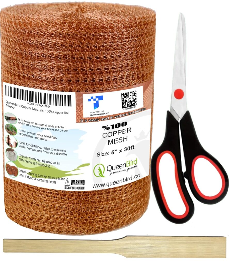 QueenBird Copper Mesh - 5 X 30 Feet - Blocker for Hole - DIY Hole Filler, Copper Fill Fabric, Distilling, Pure 100% Copper Roll, with Packing Tool and Scissors