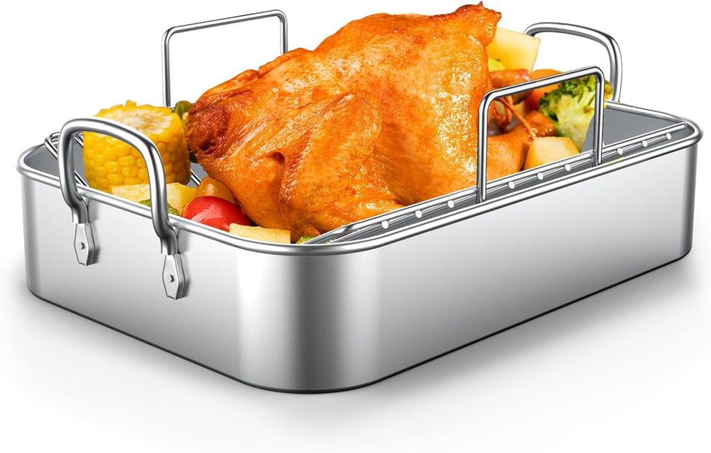 Roasting Pan, Deedro 17*13 Inch Stainless steel Turkey Roaster with Rack - Deep Broiling Pan  V-shaped Rack  Flat Rack, Non-toxic  Heavy Duty, Great for Thanksgiving Christmas Roast Chicken Lasagna