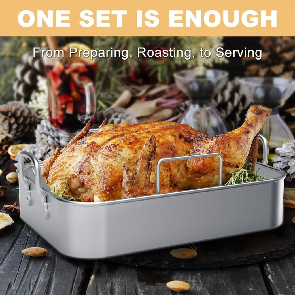 Roasting Pan, Deedro 17*13 Inch Stainless steel Turkey Roaster with Rack - Deep Broiling Pan  V-shaped Rack  Flat Rack, Non-toxic  Heavy Duty, Great for Thanksgiving Christmas Roast Chicken Lasagna