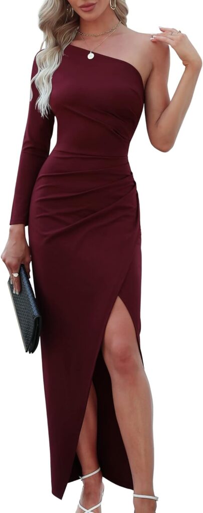 Sarin Mathews Womens One Shoulder Long Sleeve Cocktail Dresses Sexy Bodycon Ruched Wrap Split Party Formal Long Dress