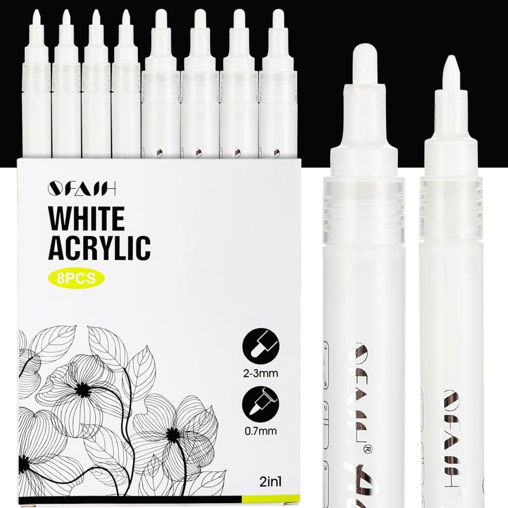 SFAIH Acrylic White Paint Pens - 8 Pack 2-3MM Medium Tip  0.7MM Extra Fine White Paint Marker for Rock Painting, Wood, Metal, Fabric, Plastic, Canvas, Glass, Ceramic, Diy Crafts